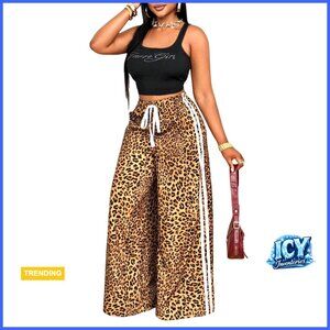 Polyester Leopard Print Straight Leg Pants Elastic High Waist Wide Leg